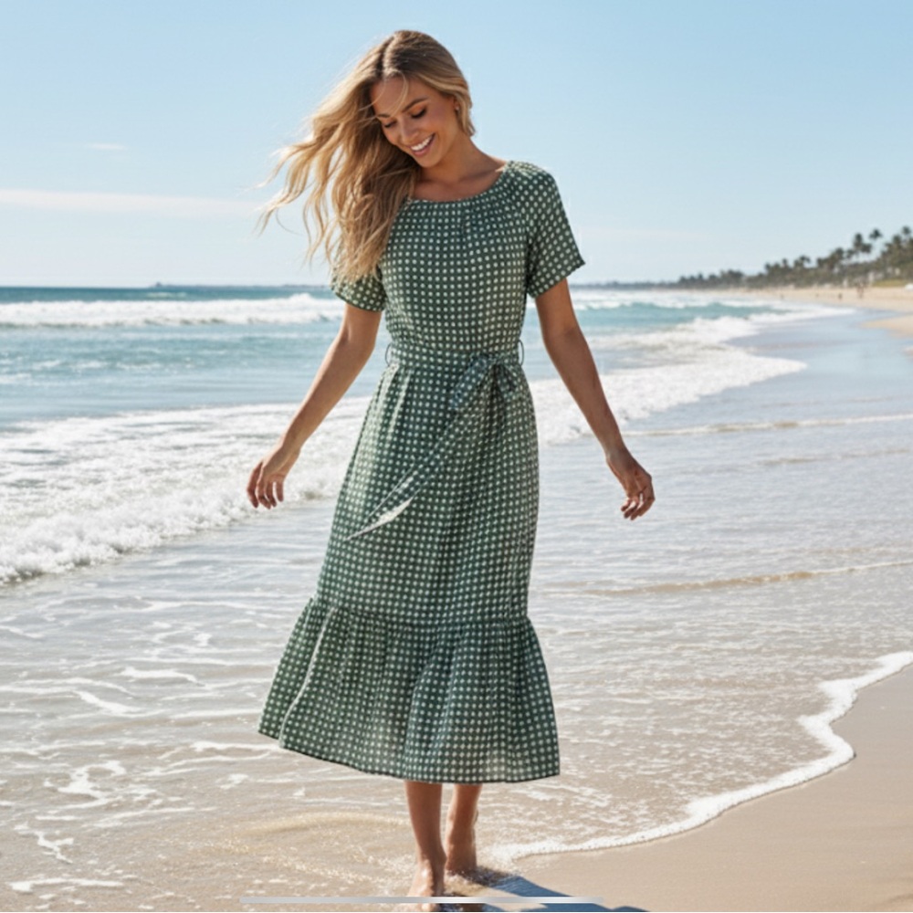 Emerson Fry India Collection Organic Cotton Green Polka Dot Midi Dress Size Sm